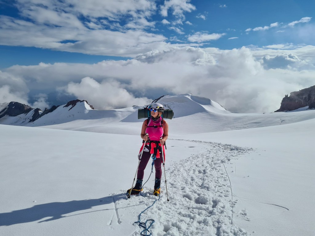 Inga Ecker at Mount Kazbek High Camp at 4500m elevation.