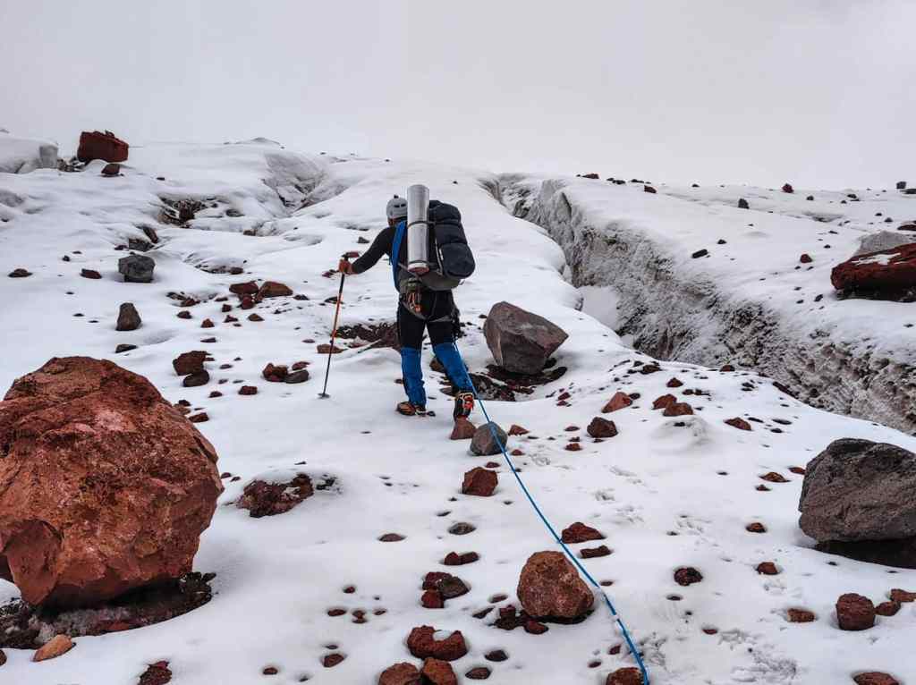 Navigating between the crevasses on Kazbek glacier.