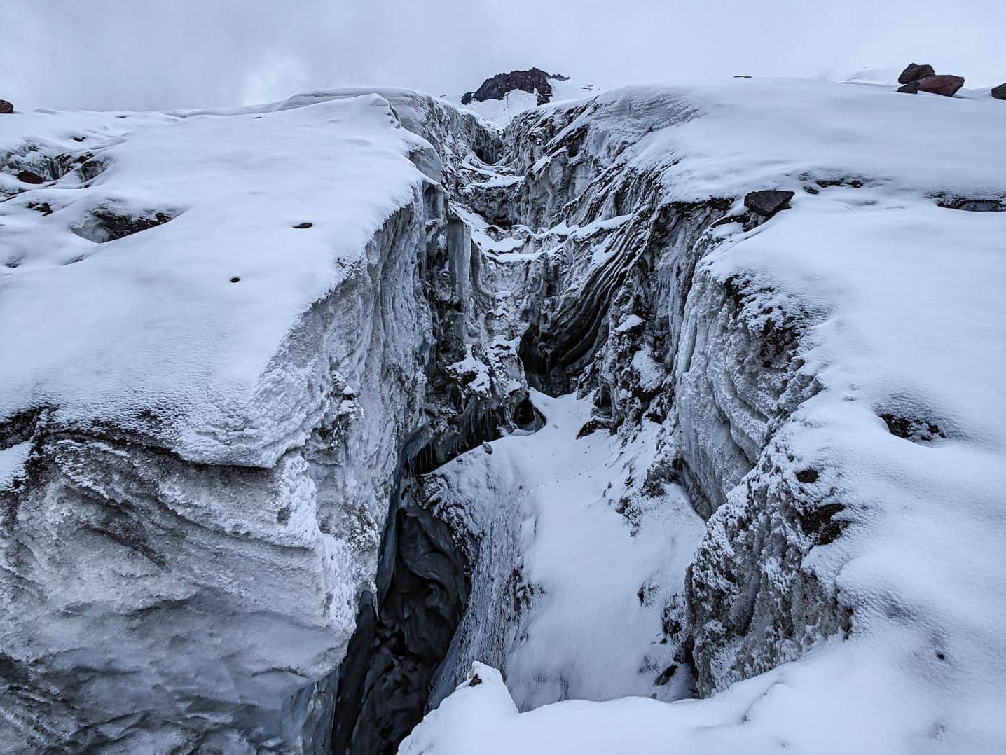 Crevasses on Mount Kazbek glacier in the caucasus.