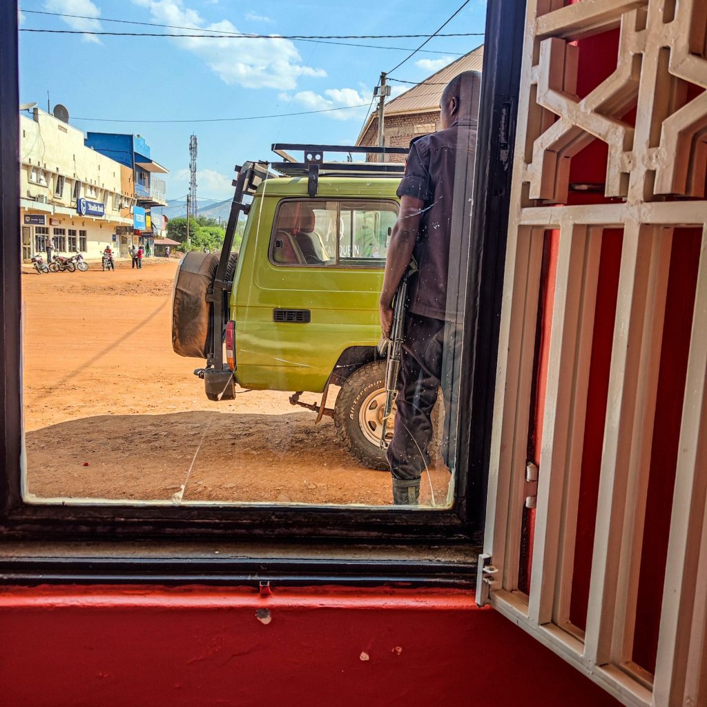 A soldier in front of the hotel in Kasese, Uganda.